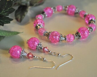 Pink Crackle Glass and Crystal Stretch Bracelet and Earring Set