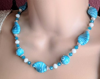 Aqua Blue and White Twisted Venetian Murano Glass Beads, Blue and White Crystals and Silver Necklace and Earring Set