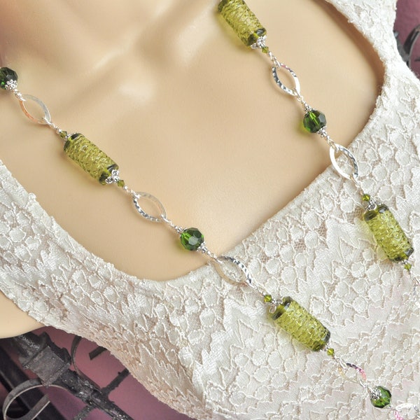 Olive Green Czech Spun Glass, Fern Green Crystals and Silver Long Necklace and Earring Set