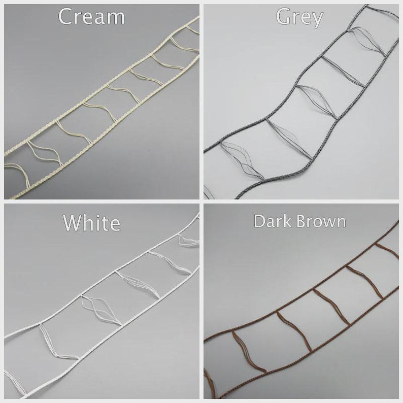 May include: Four samples of decorative trim in cream, grey, white, and dark brown. Each trim piece features a ladder-like design with wavy accents. The colors are labeled with text: Cream, Grey, White, and Dark Brown.