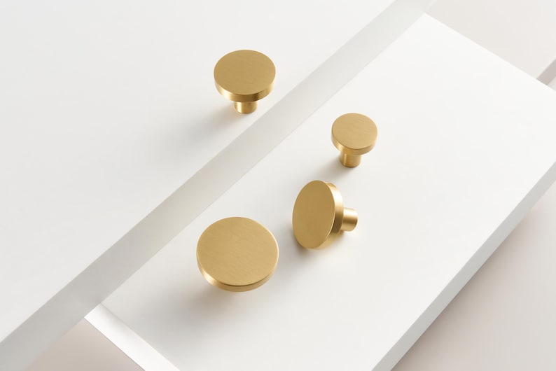 Brass Round Knobs - Solid Brushed Brass Drawer Knobs - 20mm to 32mm image 1