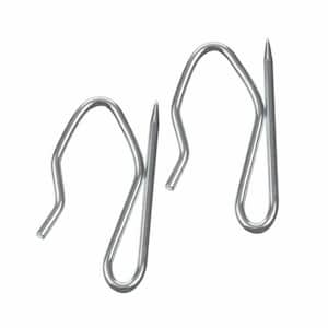 May include: Two silver-colored curtain hooks are displayed against a white background. Each hook has a curved top, a looped bottom, and a sharp, pointed end. The hooks are made of a shiny, metallic material.