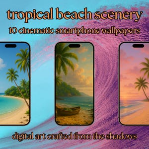 iPhone Wallpaper Bundle – Tropical Beach Scenery Lock Screen Pack, Vibrant Sunset Ocean Views, Digital Download for iPhone and Android