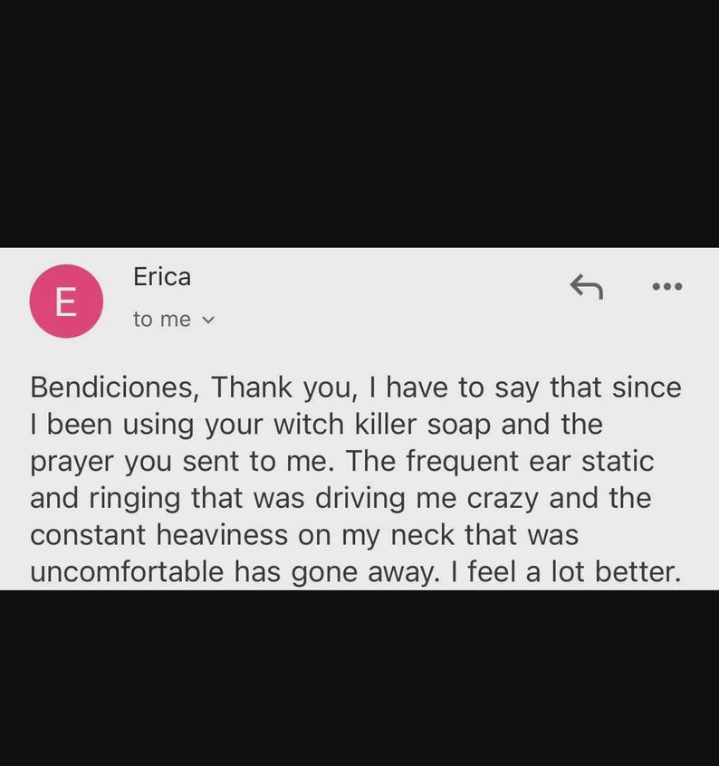 Puede incluir: Captura de pantalla de un correo electr&oacute;nico de "Erica" con el asunto "para m&iacute;". El correo electr&oacute;nico incluye el texto "Bendiciones, Thank you..." y un testimonio sobre un producto.