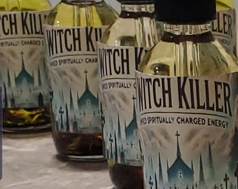 May include: Several glass bottles with black droppers, filled with a yellow liquid and dark sediment. Each bottle has a label with the words "Witch Killer" and a gothic church illustration. The text reads "Infused Spiritually Charged Energy."