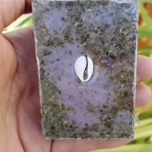 Puede incluir: Una pastilla de jab&oacute;n rectangular con un centro morado claro y una capa exterior moteada verde y marr&oacute;n. Una concha de cauri blanca est&aacute; incrustada en el centro. El jab&oacute;n se sostiene en una mano.