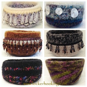 May include: Six felted wool bowls with different embellishments. The bowls are all round and have a variety of colours and patterns. Some bowls have beads, feathers, and buttons.