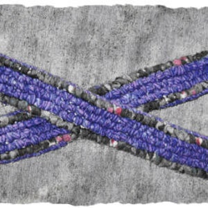 May include: A purple and black braided belt with a silver buckle. The belt is made of woven fabric and has a textured appearance.