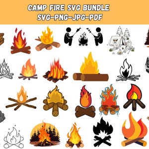 Könnte beinhalten: Eine Sammlung von SVG-Grafiken zum Thema Lagerfeuer. Die Designs umfassen Illustrationen von Lagerfeuern mit Flammen in Rot-, Orange- und Gelbtönen sowie Silhouetten von Personen, Zelten und Bäumen. Der Text oben lautet "CAMP FIRE SVG BUNDLE".