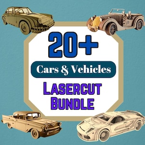 Puede incluir: La imagen muestra cuatro modelos de coches de madera cortados con láser, incluyendo un descapotable clásico y un deportivo. El texto central dice "20+ Cars & Vehicles LASERCUT BUNDLE" sobre un fondo turquesa.