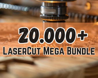 May include: Image of a laser cutter in operation, with the text "20.000+ LASERCUT MEGA BUNDLE" in a bold, black font. The background is a warm, orange-brown hue, suggesting wood or similar material being cut.
