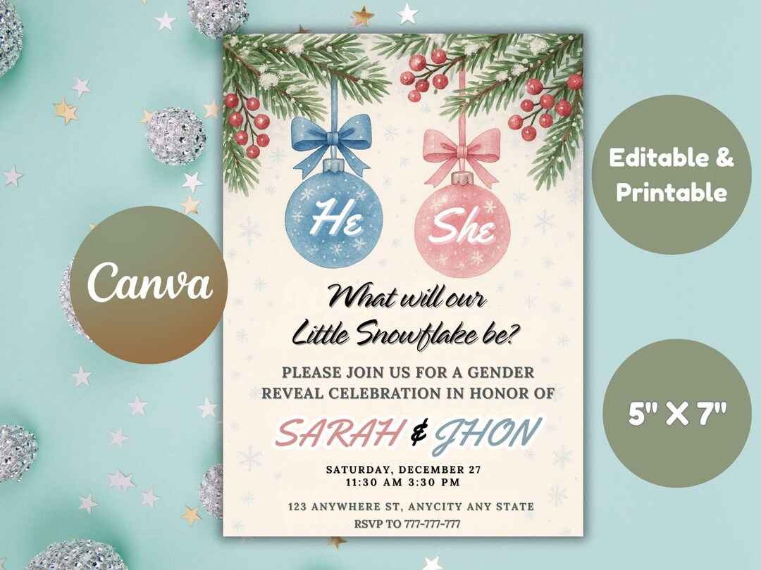 Christmas Gender Reveal Invitation, He or She Ornaments (editable ...