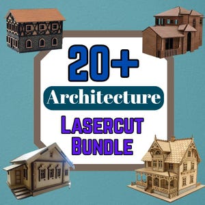 Puede incluir: Una colección de modelos arquitectónicos cortados con láser, que incluyen una casa de varios pisos, una cabaña y una cabaña. La imagen presenta el texto "20+ Architecture LASERCUT BUNDLE" en un esquema de color azul y morado, sobre un fondo verde azulado.