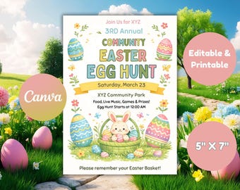 Editable Community Easter Egg Hunt Printable Flyer, Neighborhood Easter Party Invite, Canva