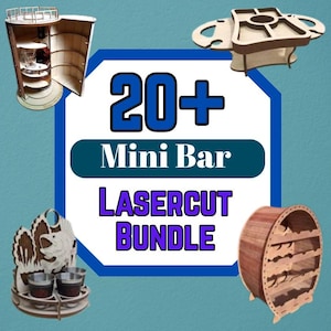 Op de afbeelding: Een verzameling lasergesneden mini-bar ontwerpen. De afbeelding toont verschillende houten baraccessoires, waaronder een vatvormige wijnrek, een bar met meerdere niveaus en een dienblad. De centrale tekst luidt "20+ Mini Bar LASERCUT BUNDLE."