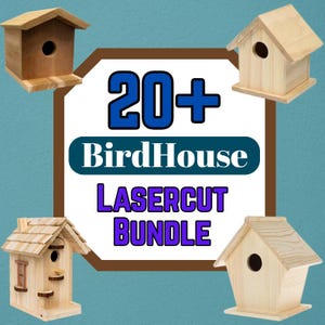 Puede incluir: Imagen que muestra cuatro casas para pájaros de madera de diferentes diseños, con un gráfico central que dice "20+ BirdHouse LASERCUT BUNDLE". Las casas para pájaros están hechas de madera natural y tienen agujeros de entrada redondos y tejados inclinados.