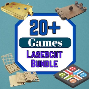 Può includere: Una collezione di giochi da tavolo e da tavolo tagliati al laser. L'immagine presenta diversi tabelloni di gioco, tra cui un gioco di hockey in miniatura, un gioco simile agli scacchi e un gioco da tavolo Ludo. Il testo centrale recita "20+ Games LASERCUT BUNDLE".