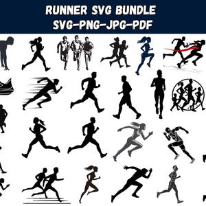 May include: A selection of runner-themed SVG graphics. The image features black and white silhouettes of runners in different poses, a running shoe, and the text "RUNNER SVG BUNDLE SVG-PNG-JPG-PDF".