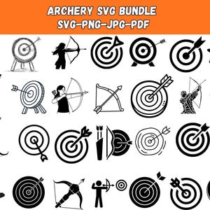 Könnte beinhalten: Ein orangefarbenes Banner mit dem Text "ARCHERY SVG BUNDLE SVG-PNG-JPG-PDF" über einer Sammlung von schwarz-weißen Illustrationen zum Thema Bogenschießen. Die Illustrationen umfassen Ziele, Bögen und Bogenschützen.