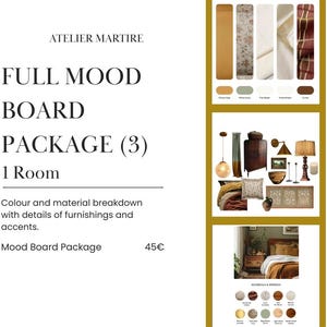 May include: An advertisement for a mood board package from Atelier Martire. The image shows a colour and material breakdown with details of furnishings and accents. The package includes a full mood board for one room.