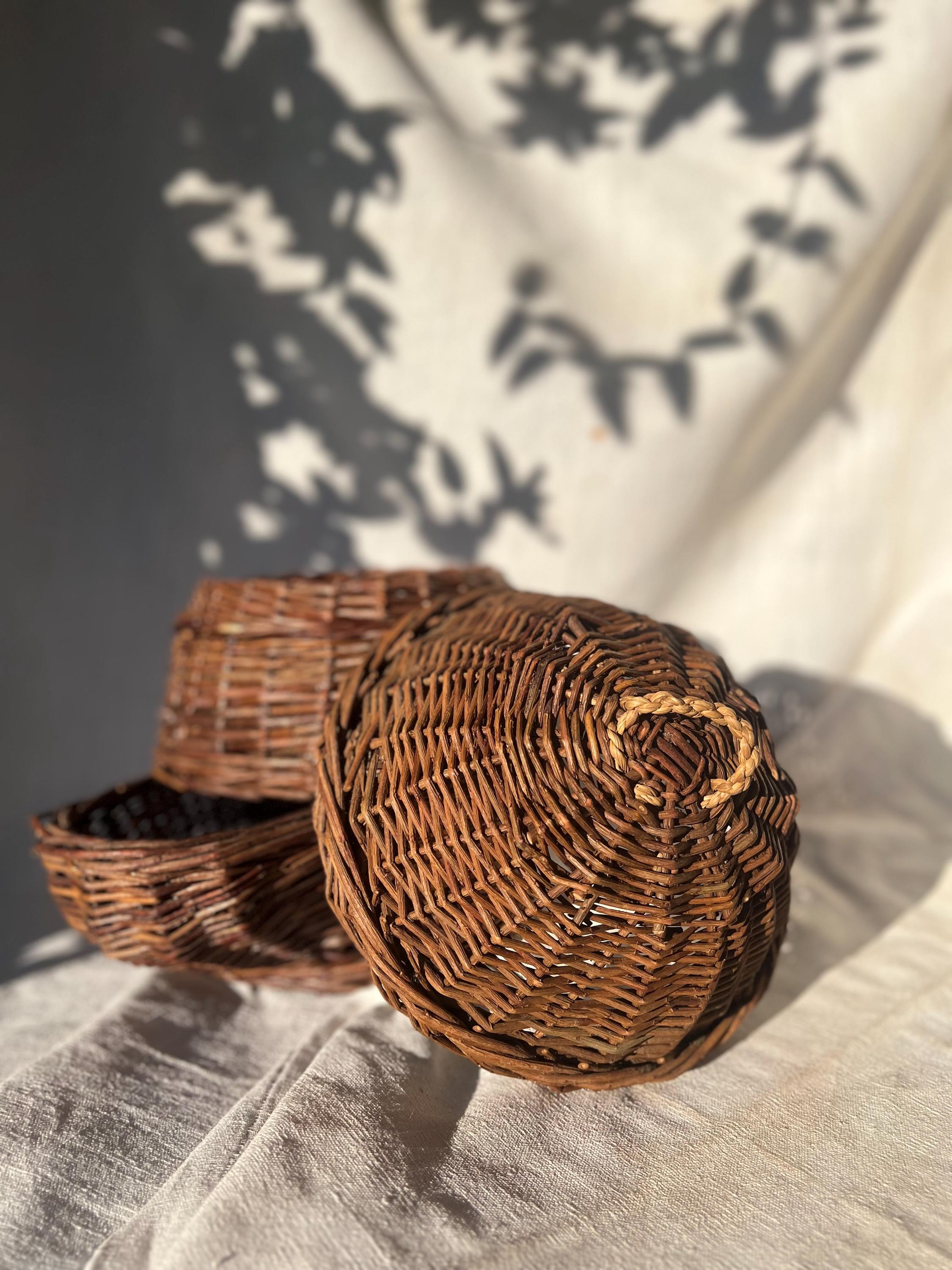 Antique French Wicker Potato Basket, Handwoven Willow Storage Bin 