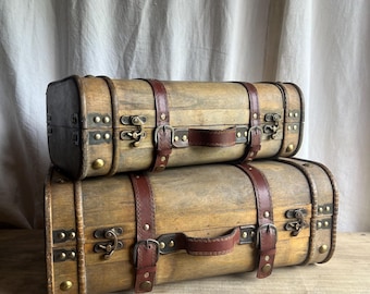 Pair of Wooden Suitcases - Vintage Luggage - Wooden Storage Boxes