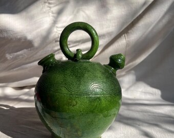 Antique French Green Glazed Earthenware Oil Jar | Southern France | 19th Century Folk Pottery
