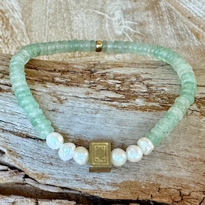 Mahjong bracelet- green adventurine rondelle beads with non tarnish brass mahjong tile bead and freshwater pearls