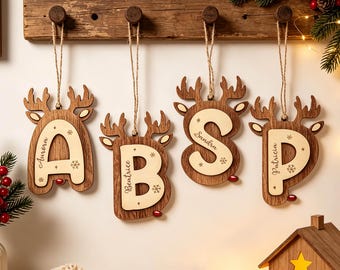 Reindeer Letter Ornaments Personalized,Stocking Tags for Christmas Gifts,Name Tags Retro Ornaments for the Family Holiday Keepsake Ornaments