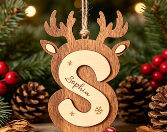 Personalized Reindeer Letter Ornament, Engraved Wood Christmas Keepsake (Stocking Tag)