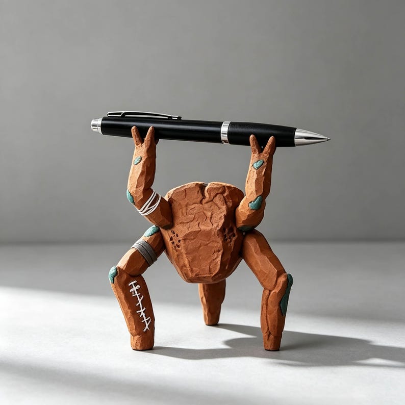 May include: A brown, textured, carved creature figurine with multiple limbs and teal accents, standing on three legs while holding a black ballpoint pen horizontally above its head with its two raised upper arms.