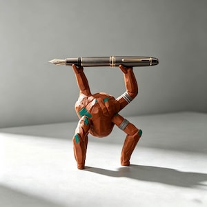 May include: A dark gray fountain pen with a gold-colored nib rests horizontally across the raised arms of a terracotta-colored, rock-like humanoid figure. The figure has a textured surface with teal accents and silver bands on its limbs.