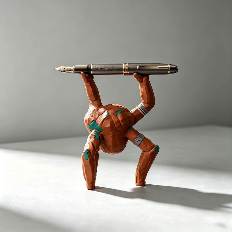 May include: A dark gray fountain pen with a gold-colored nib rests horizontally across the raised arms of a terracotta-colored, rock-like humanoid figure. The figure has a textured surface with teal accents and silver bands on its limbs.
