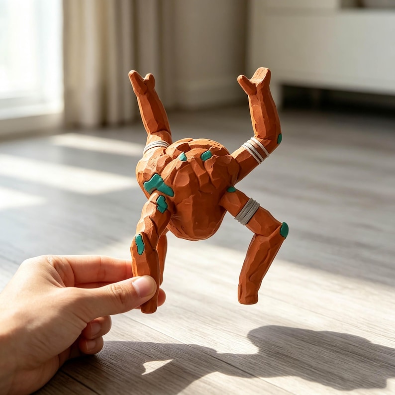 May include: A terracotta-colored rock creature figurine with a faceted, stone-like texture. The figure features four articulated limbs with light gray bands around the joints and small teal-colored accents on the body and limb tips.