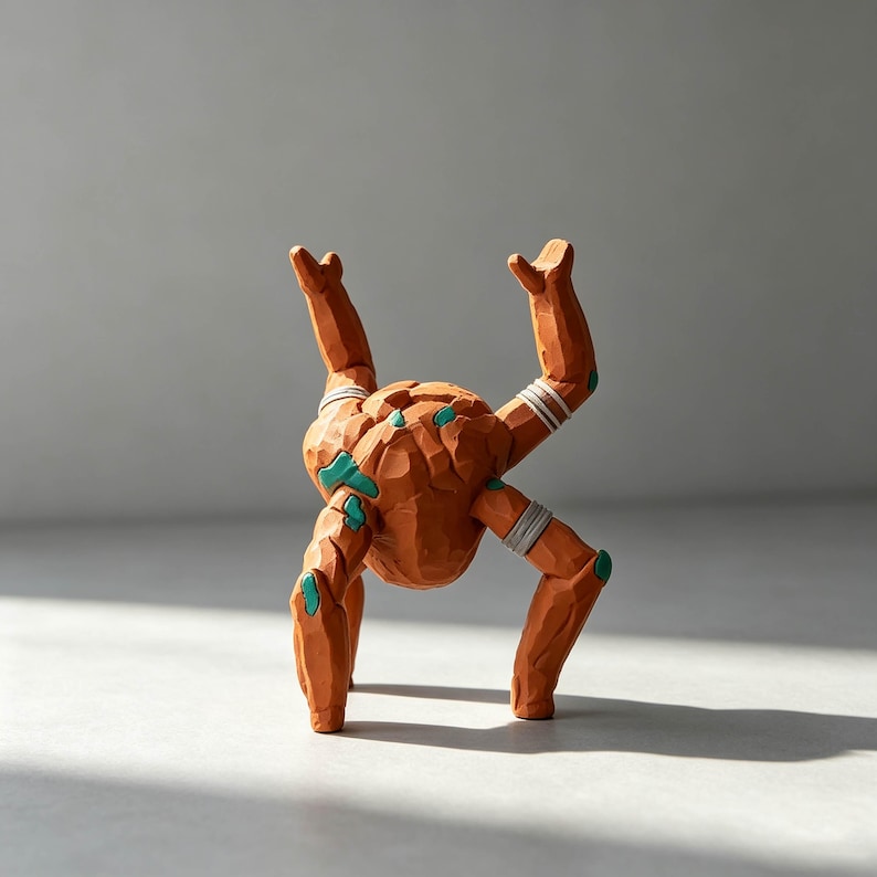 May include: A terracotta-colored figurine with a textured, rock-like central body and four articulated limbs. The limbs feature white bands and small teal accents at the joints. The figure is posed in an inverted position with two limbs raised.