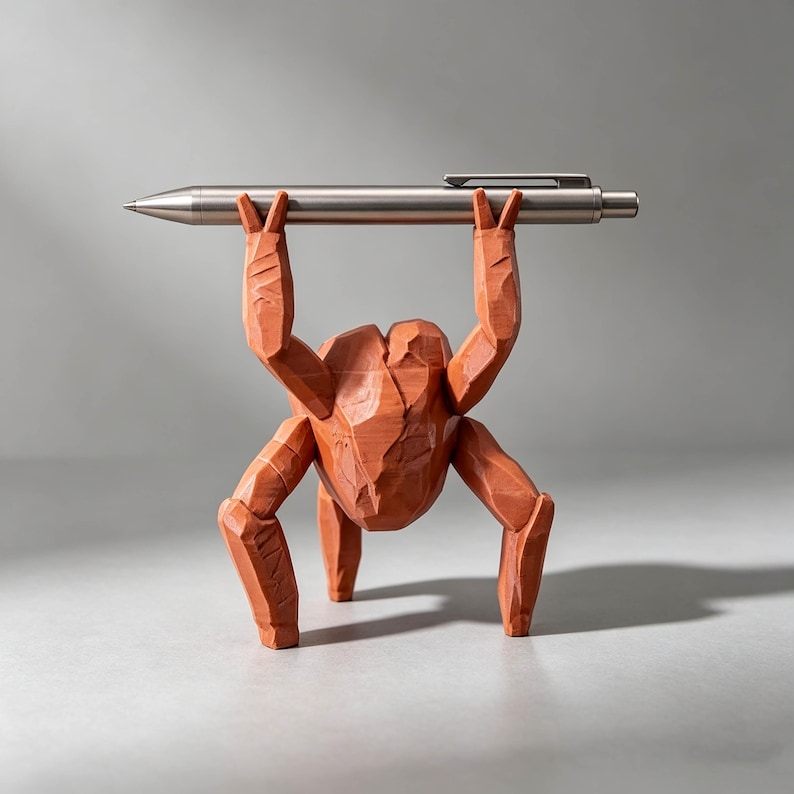 May include: A terracotta-colored, faceted figurine shaped like a four-legged creature with raised arms holding a silver metallic pen horizontally. The sculpture features sharp, angular planes and a matte finish, supporting the pen above its head.