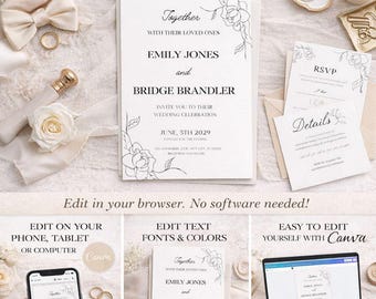 Floral Wedding Invitation Template | Elegant Minimalist Design (Canva, Instant Download)