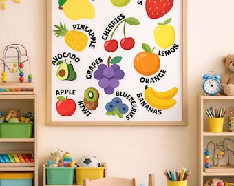 Fruits Poster for Kids – Educational Fruit Names Wall Art – Classroom Decor – Printable Nursery Poster