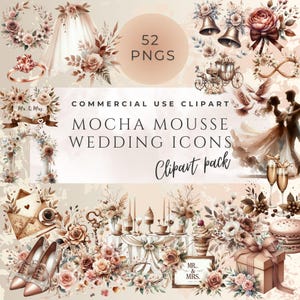 52 Mocha Mousse Wedding Icons PNG | Watercolor Clipart Bundle for Brides, Planners, Clipart, Decor, Party | Transparent Background