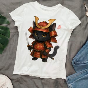 Samurai Cat PNG Clipart | Kawaii Black Cat Warrior Art | Cute Ninja Cat Sublimation | Japanese Armor Kitty | POD T-Shirt Printable and Merch