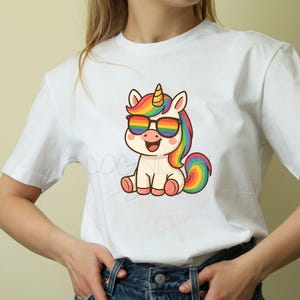 Imágenes prediseñadas de unicornio arcoíris geniales / Linda sublimación PNG JPEG / Gráfico de unicornio con gafas de sol arcoíris / Arte de dibujos animados mágico y caprichoso para niños