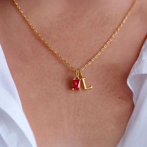 Baguette Birthstone Letter Necklace, Customized Birthstone Necklace, Birthstone Pendant, Name Initial Necklace, Personalized Initial Pendant