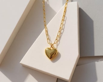 Paperclip Chain Heart Necklace, Lover Heart Pendant, Romantic Heart Necklace, Link Chain Necklace, Heart Bubble Necklace Gift for Mother