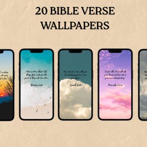 May include: Five smartphones displaying Bible verse wallpapers. Each phone shows a different scenic background, including sunsets, clouds, and beaches. The text "20 Bible Verse Wallpapers" is at the top.