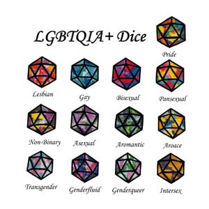以下が含まれることがあります： LGBTQIA+の様々なアイデンティティを表す、カラフルな幾何学模様のサイコロ12個のイラスト。上部には「LGBTQIA+ Dice」の文字。各サイコロには「Lesbian」、「Gay」、「Bisexual」、「Pride」などの言葉がラベル付けされています。