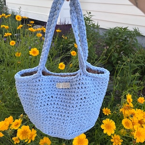 Borsa tote all'uncinetto blu pastello, borsa a tracolla estiva fatta a mano, borsa da spesa in maglia Cottagecore, regalo Coquette per lei