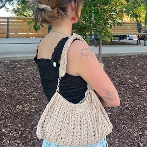 Sandy Beige Crochet Shoulder Bag – Handmade Coquette Purse with Silver Chain, Lined with Magnetic Snap, Soft Girl Knit Gift