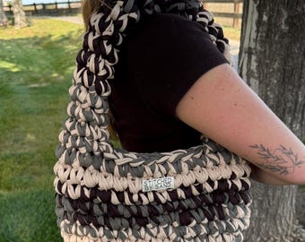 Handgemaakte gehaakte schoudertas – boho-tasje herfst in beige, saliegroen en bruin met katoenen voering – herfsttas cadeau voor haar