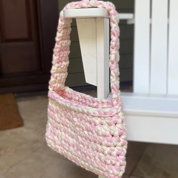 Handmade Blush Crochet Shoulder Bag, Soft Girl Aesthetic Purse, Pink and Cream Knit Bag, Coquette Statement Accessory, Gift for Her