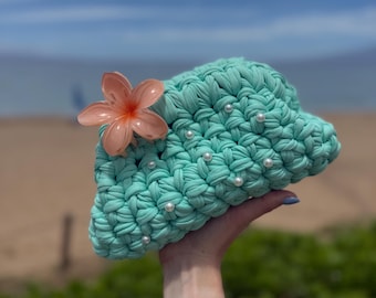 Handgemaakte mintgroene gehaakte clutch met parelkralen – Coastal Coquette-portemonnee, strandachtige avondtasje, accessoire zomerbruiloft